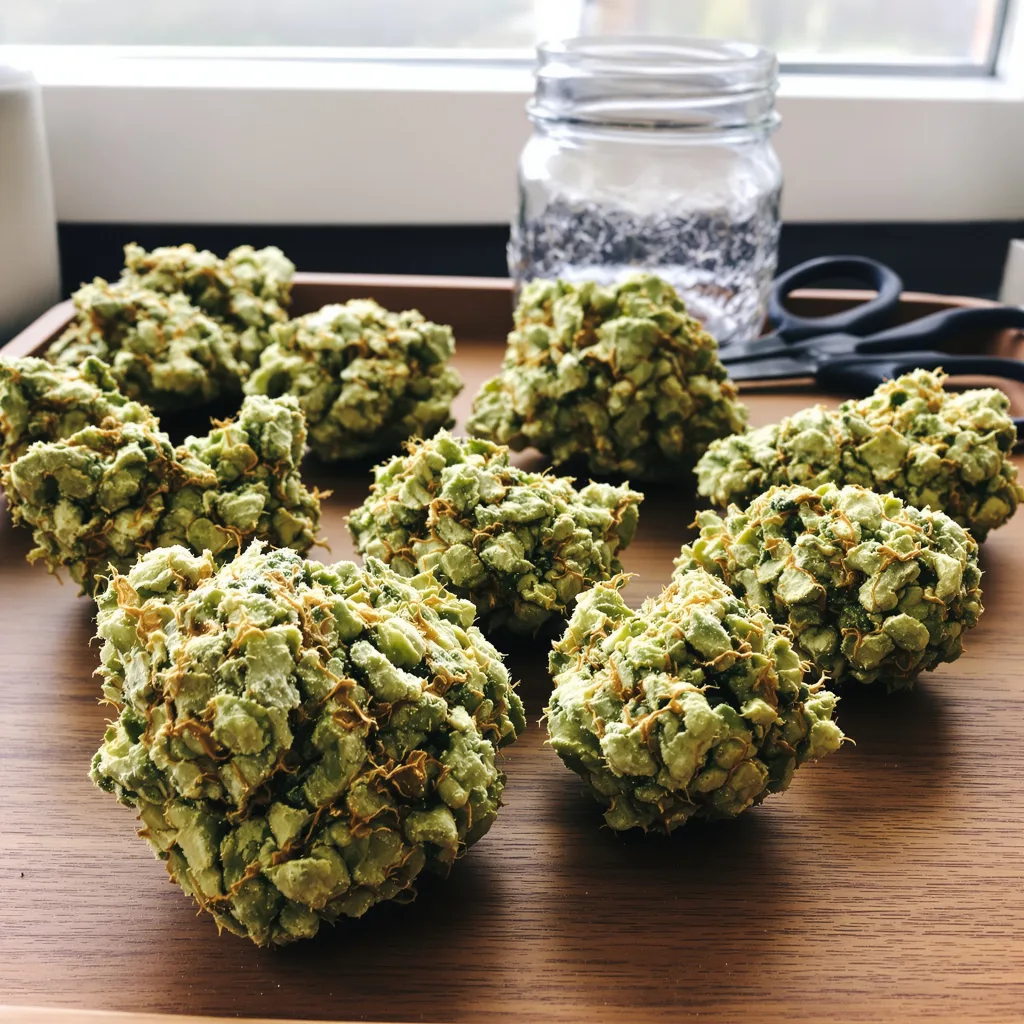 Hawaiian Dream CBD 47% Indica / 53% Sativa — Blüte mit sichtbaren Trichomen
