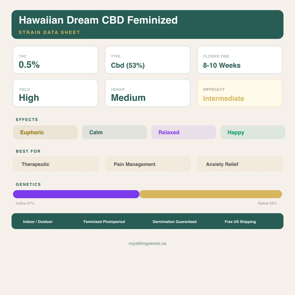 Hawaiian Dream CBD 47% Indica / 53% Sativa — Blüte mit sichtbaren Trichomen