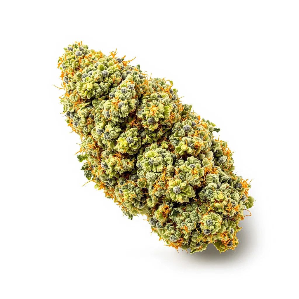 Hawaiian Snow 10% Indica / 90% Sativa — Blüte mit sichtbaren Trichomen