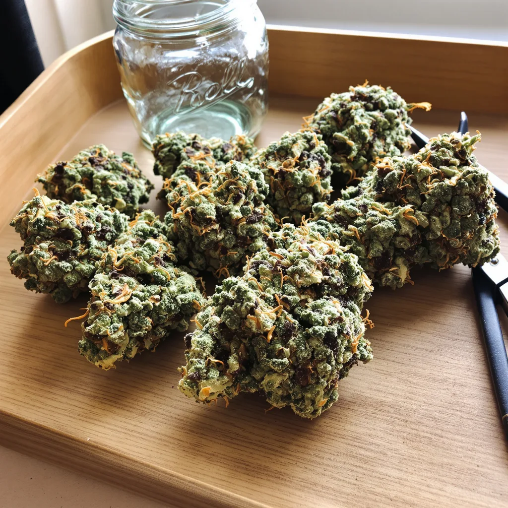 Head Cheese 40% Indica / 60% Sativa — Blüte mit sichtbaren Trichomen