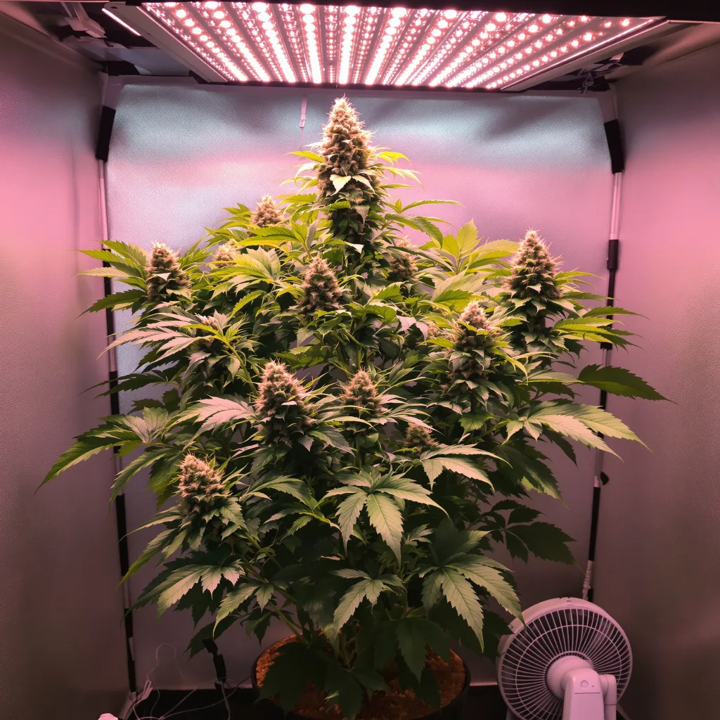 Herijuana 68% Indica / 32% Sativa — Blüte mit sichtbaren Trichomen