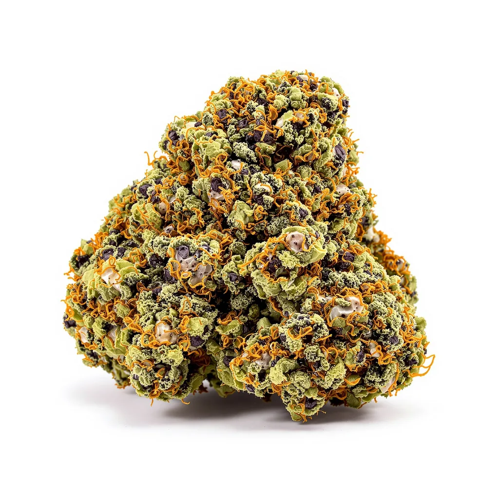 Herijuana 68% Indica / 32% Sativa — Blüte mit sichtbaren Trichomen