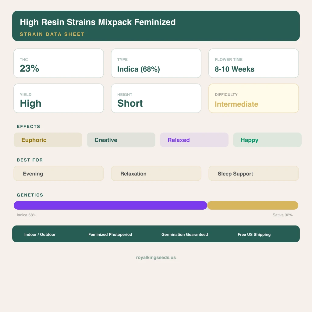 High Resin Strains Mixpack 68% Indica / 32% Sativa — Blüte mit sichtbaren Trichomen