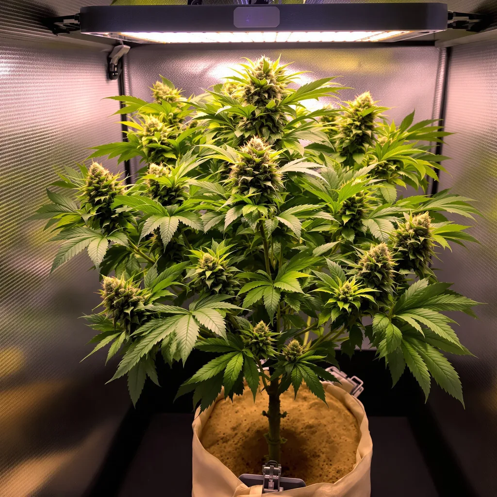Hindu Kush 100% Indica / 50% Sativa — Blüte mit sichtbaren Trichomen