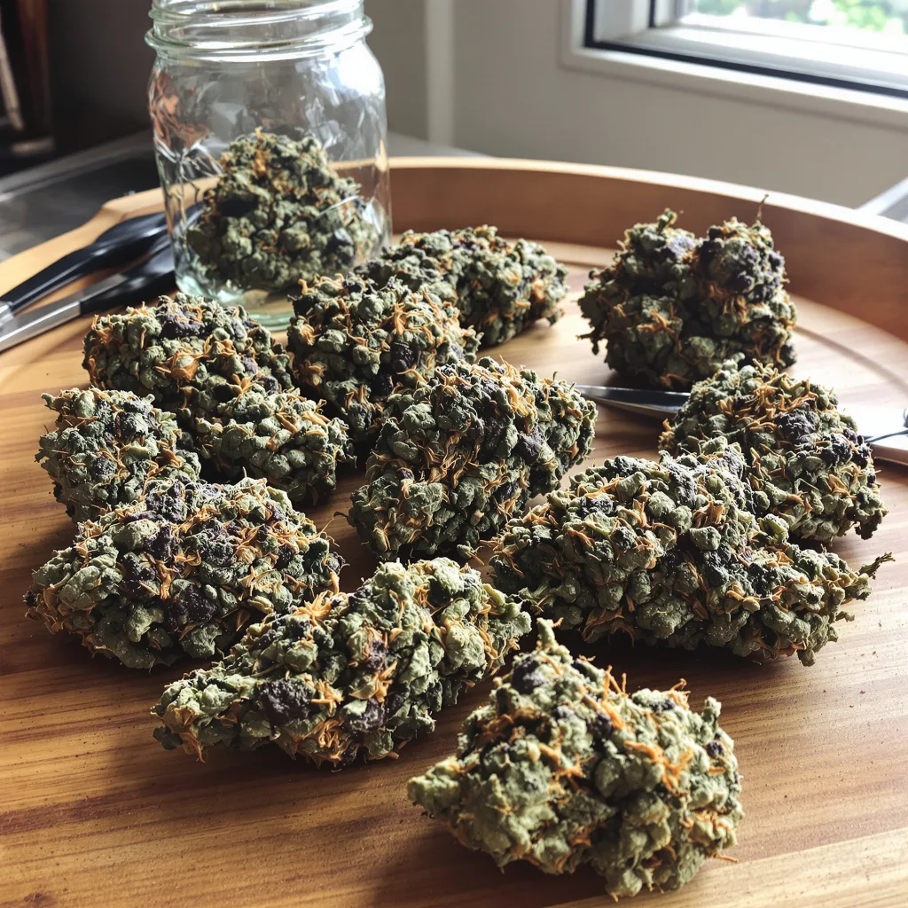 Hindu Skunk 70% Indica / 30% Sativa — Blüte mit sichtbaren Trichomen