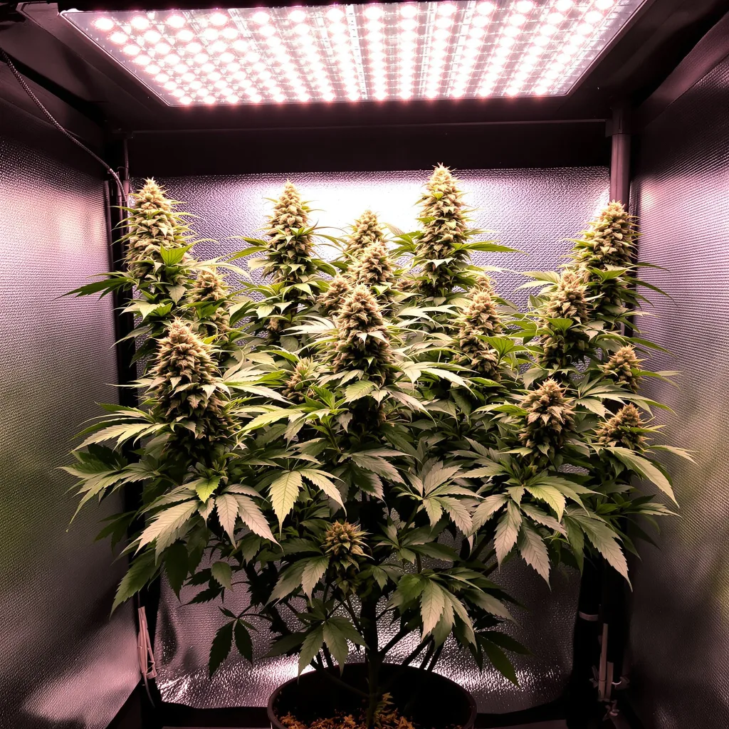 Hindu Skunk 70% Indica / 30% Sativa — Blüte mit sichtbaren Trichomen