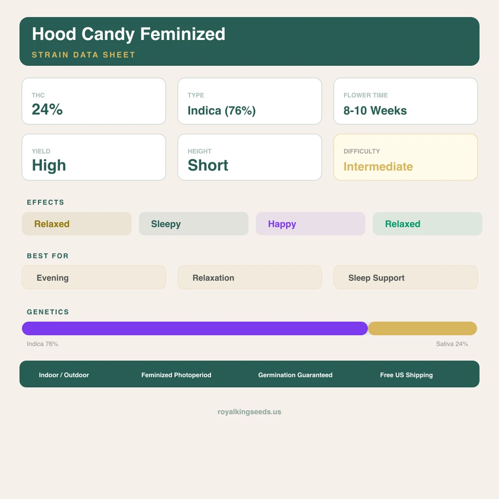 Hood Candy 76% Indica / 24% Sativa — Blüte mit sichtbaren Trichomen