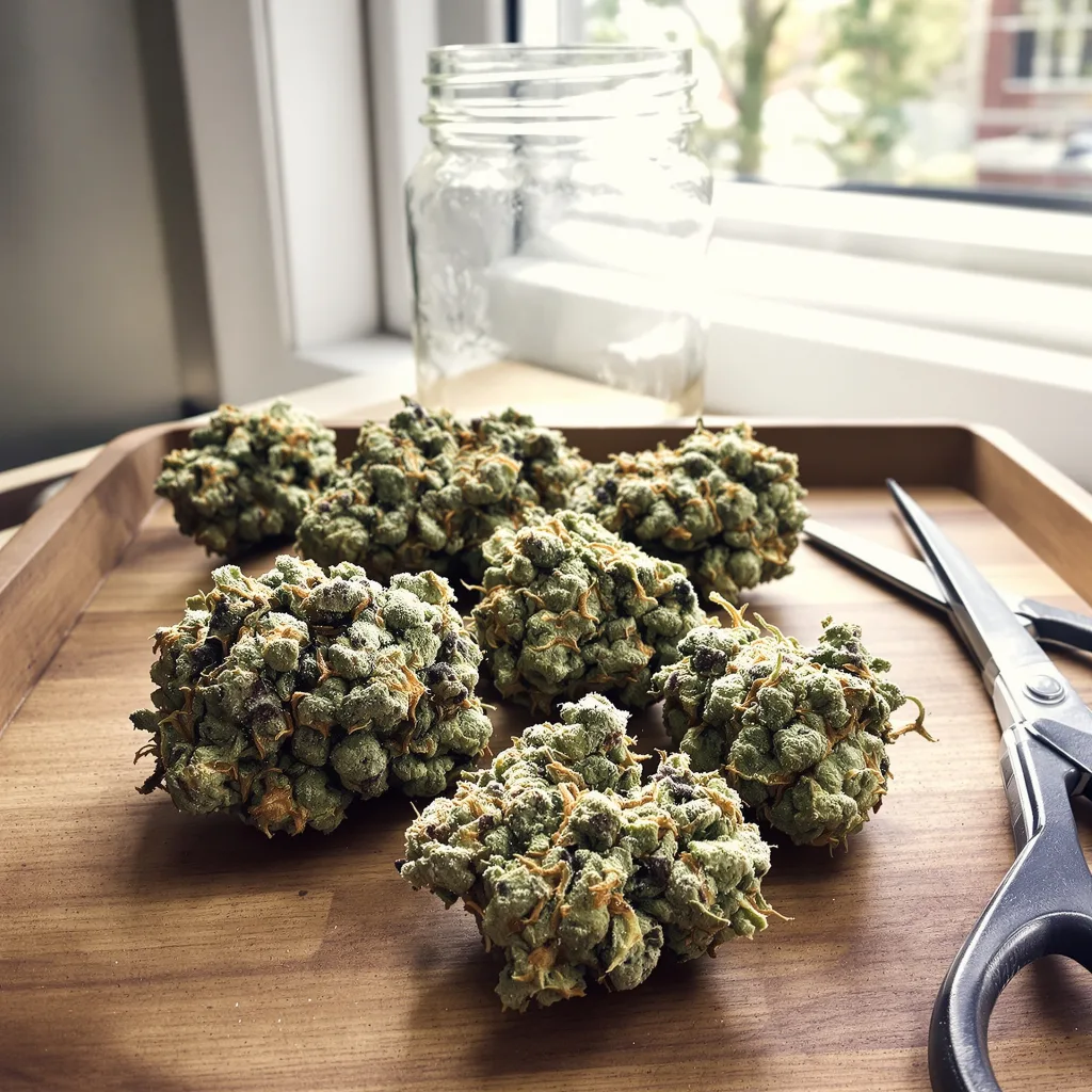 Ice Cream 60% Indica / 40% Sativa — Blüte mit sichtbaren Trichomen