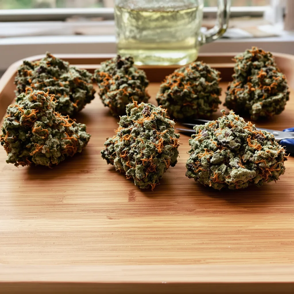 Illuminati 83% Indica / 17% Sativa — Blüte mit sichtbaren Trichomen