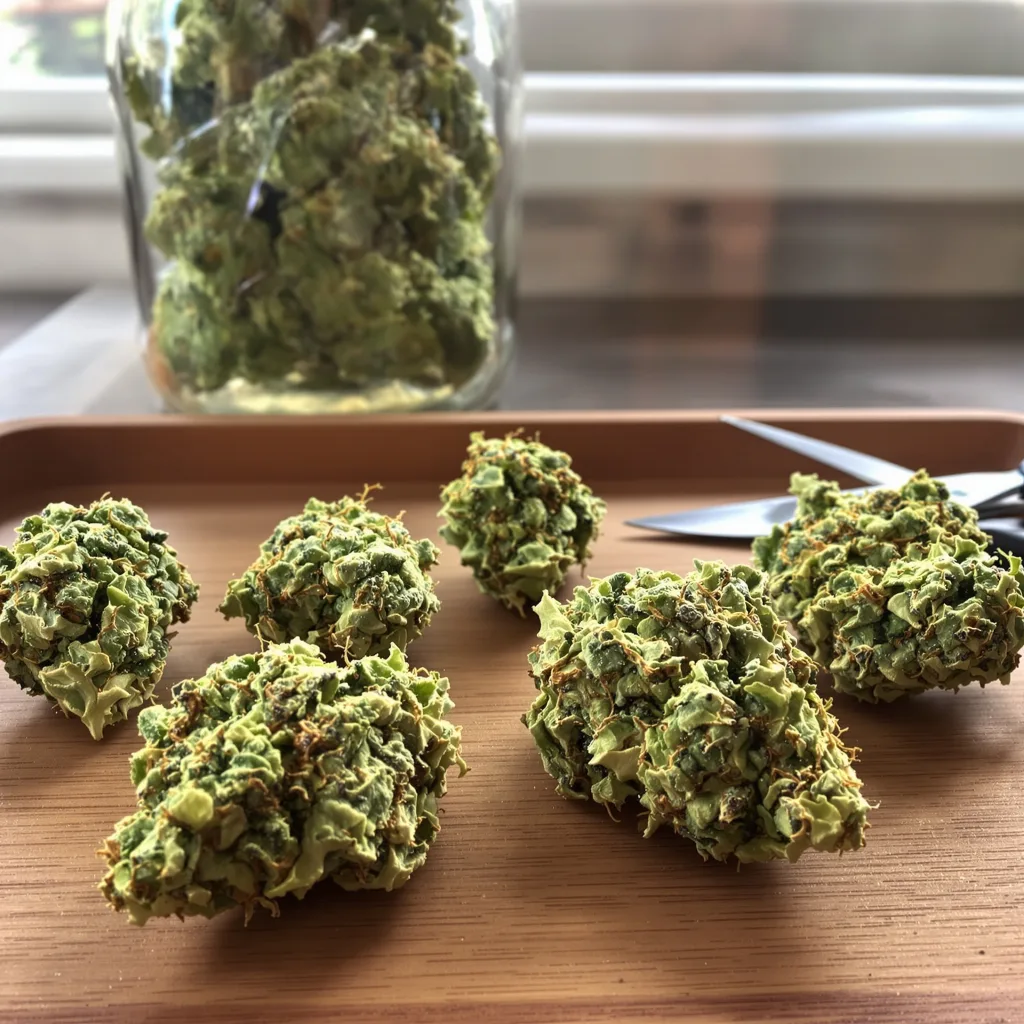Industrial Plant 20% Indica / 80% Sativa — Blüte mit sichtbaren Trichomen
