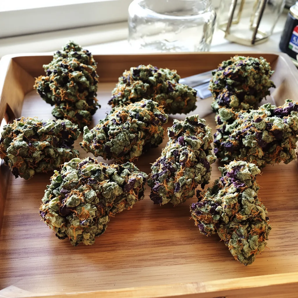 Ingrid 69% Indica / 31% Sativa — Blüte mit sichtbaren Trichomen