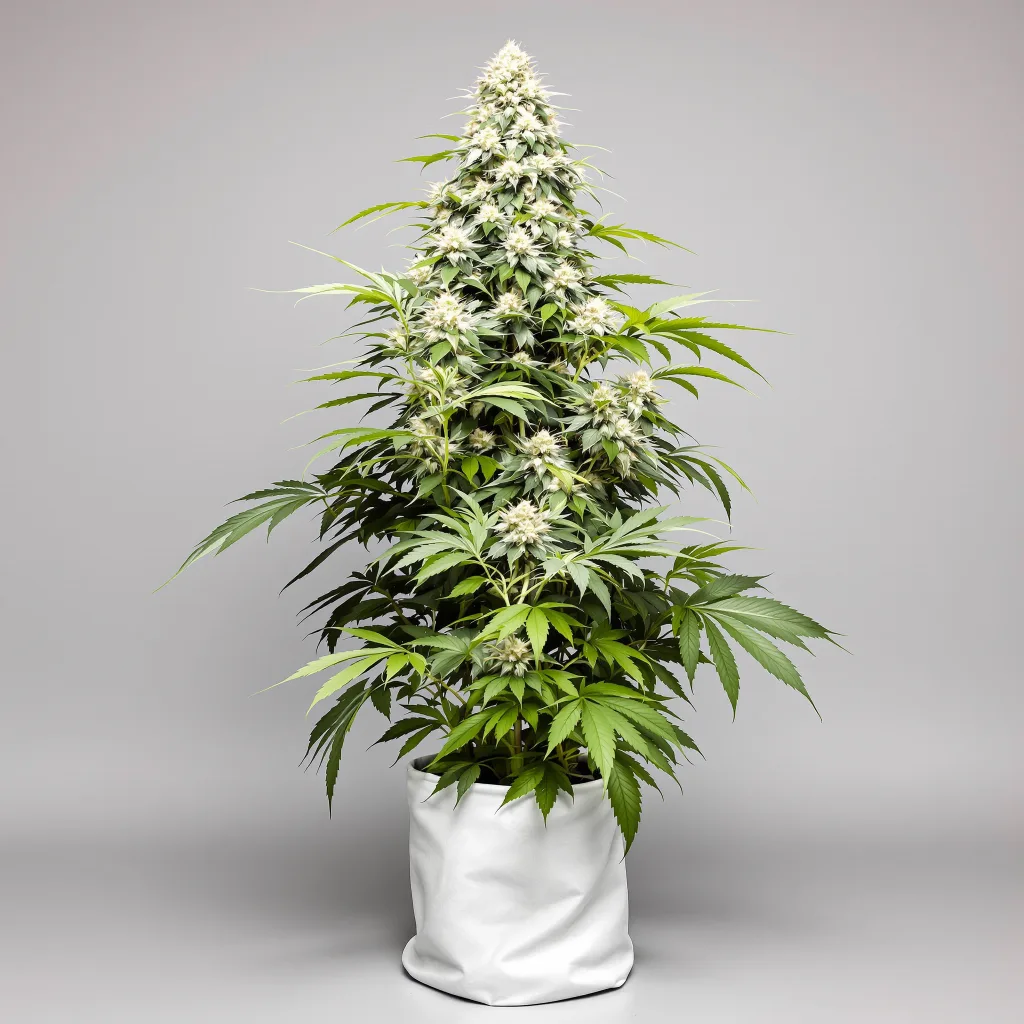 Iron Triangle Cannabisblüte Nahaufnahme mit ausgewogene Blütenstruktur mit eisigen Trichomen