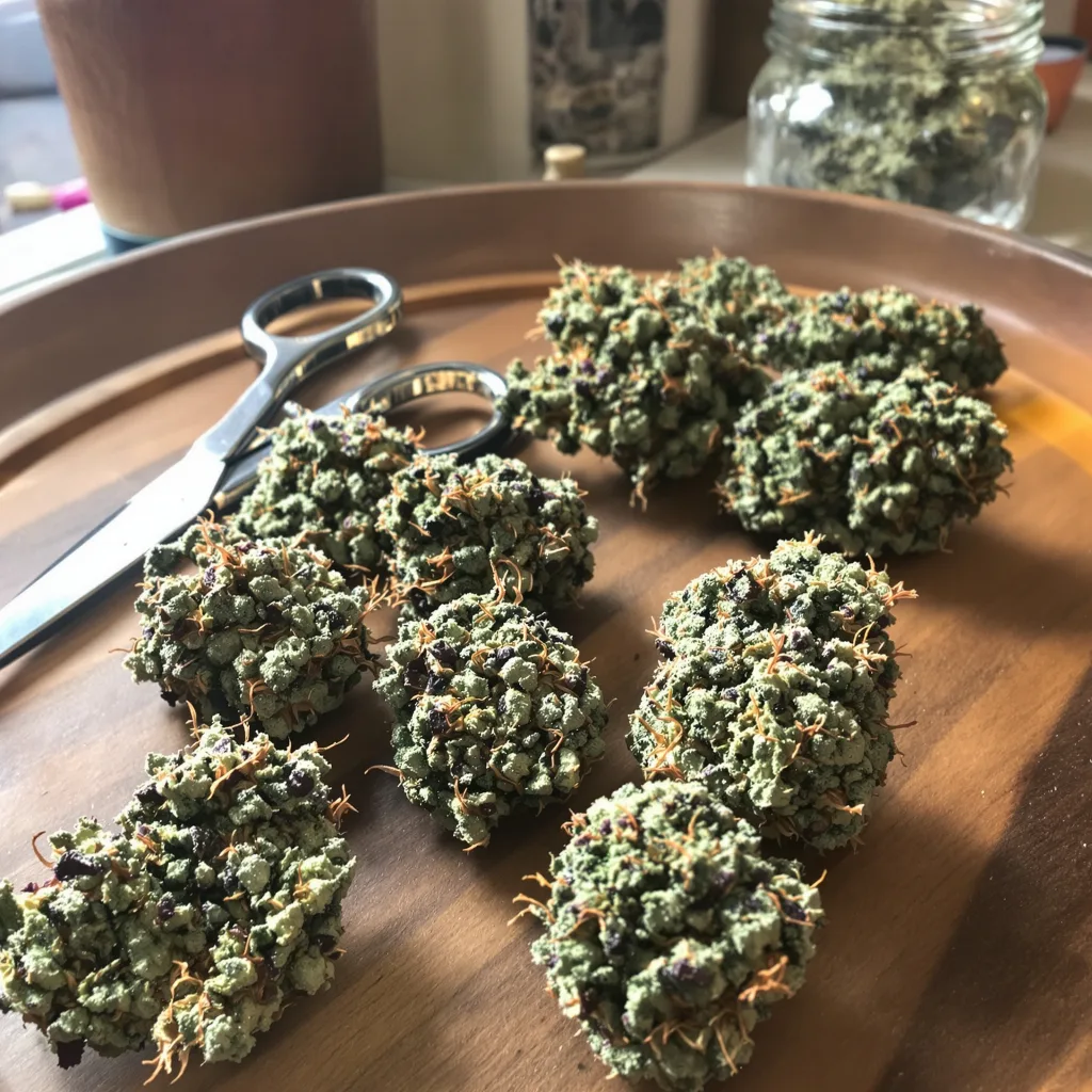 J1 40% Indica / 60% Sativa — Blüte mit sichtbaren Trichomen