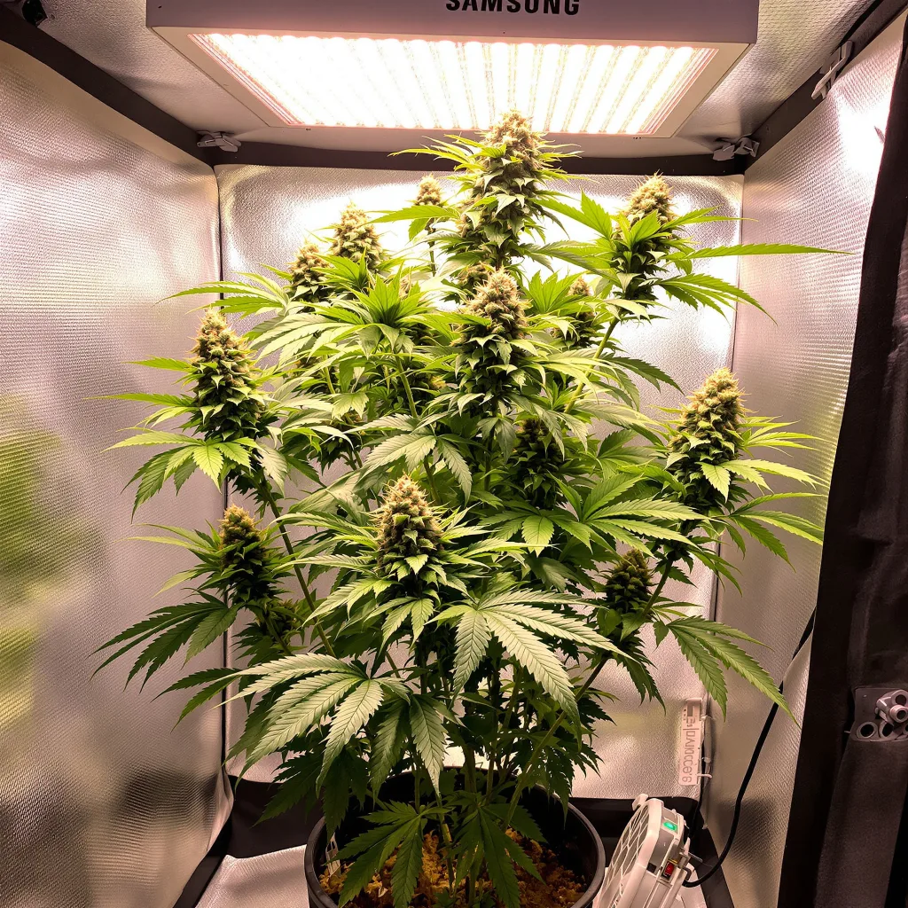 J1 40% Indica / 60% Sativa — Blüte mit sichtbaren Trichomen