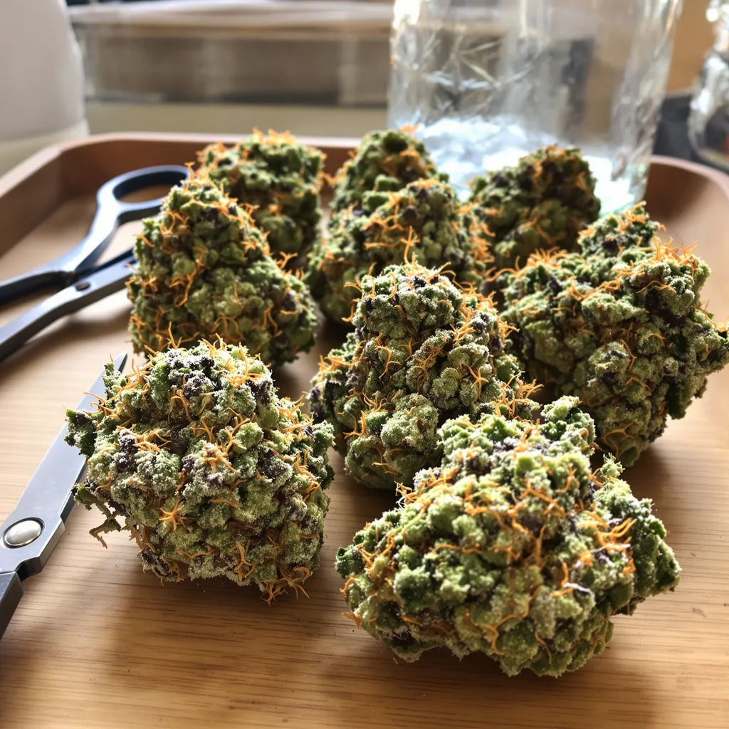 Jack Frost 50% Indica / 50% Sativa — Blüte mit sichtbaren Trichomen