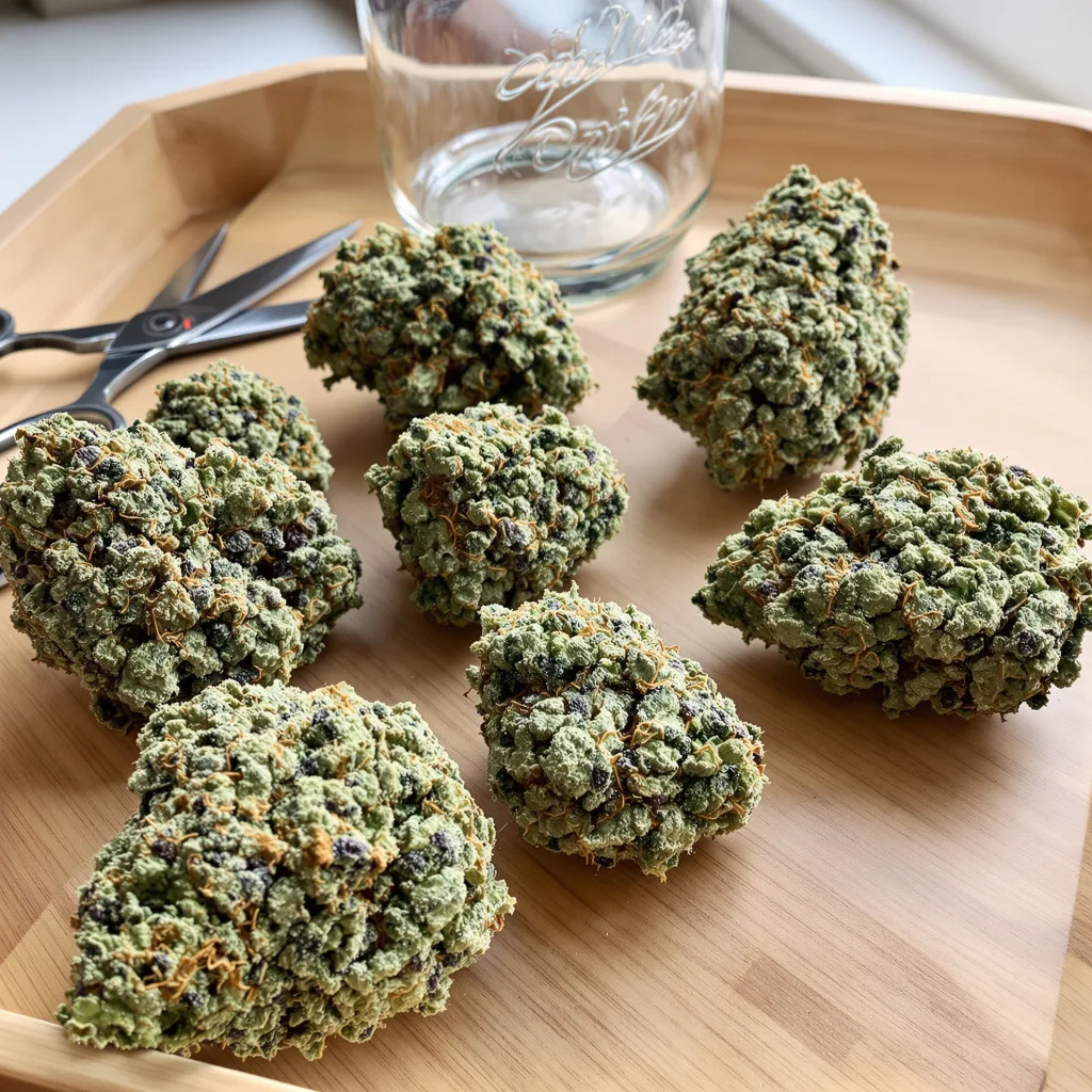 Jacked-Up 50% Indica / 50% Sativa — Blüte mit sichtbaren Trichomen