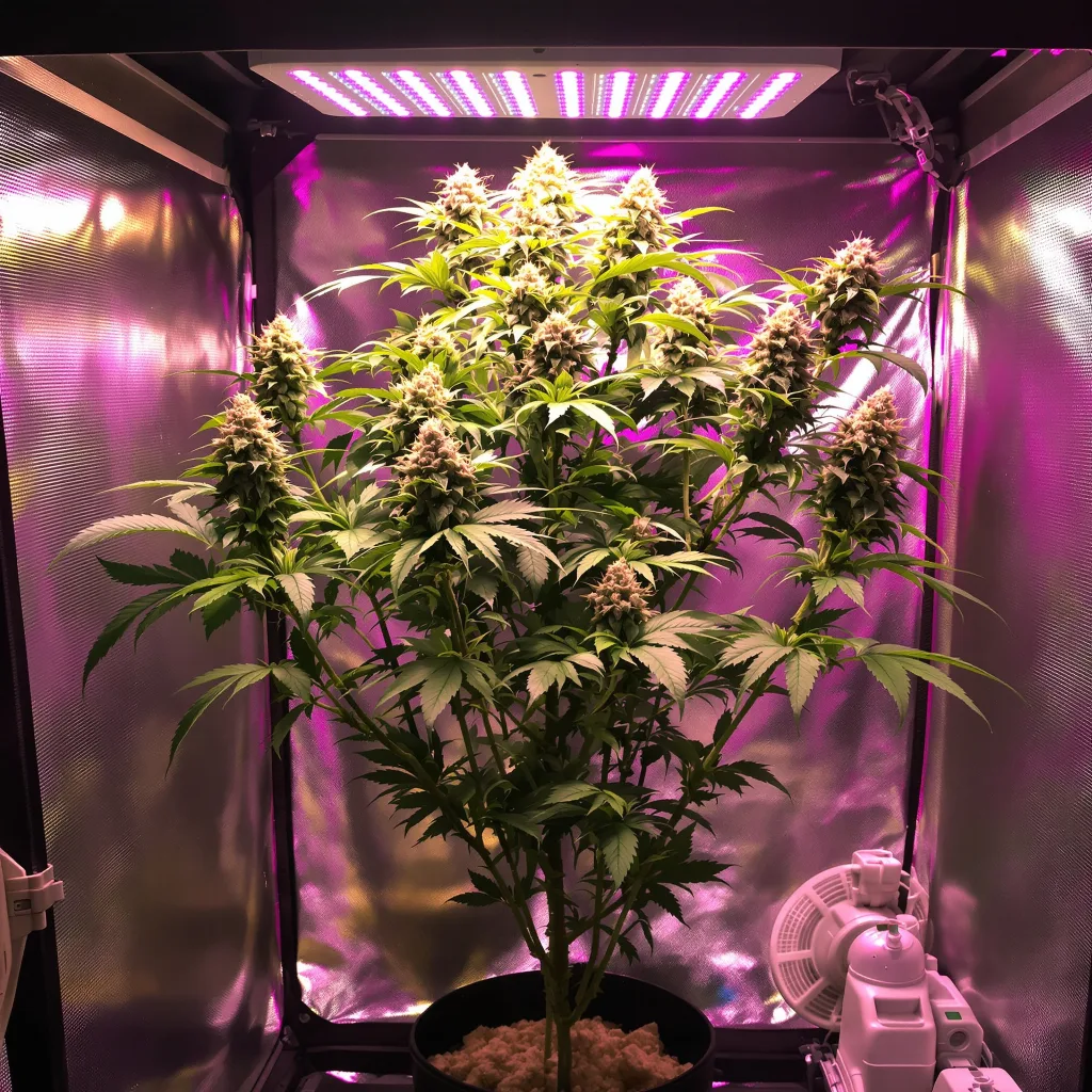 Jacked-Up 50% Indica / 50% Sativa — Blüte mit sichtbaren Trichomen
