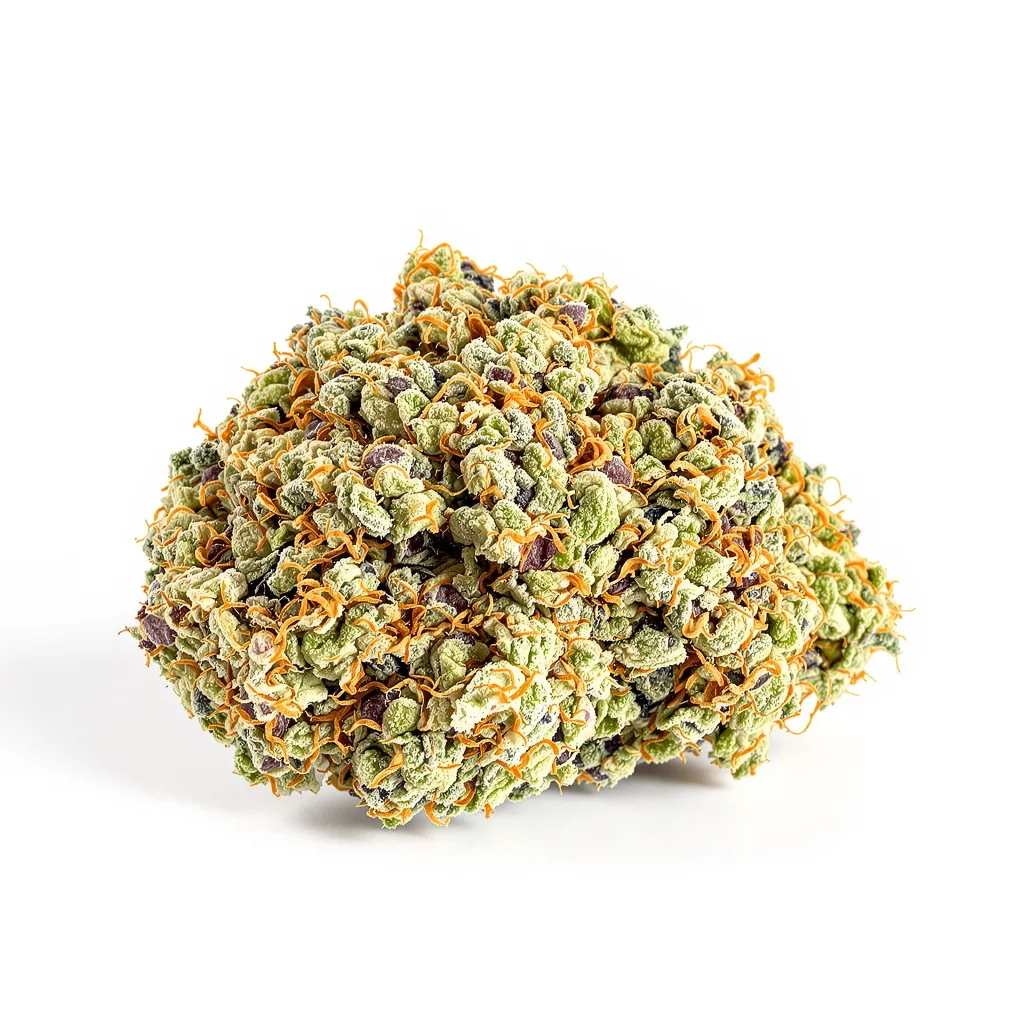 Jacked-Up 50% Indica / 50% Sativa — Blüte mit sichtbaren Trichomen