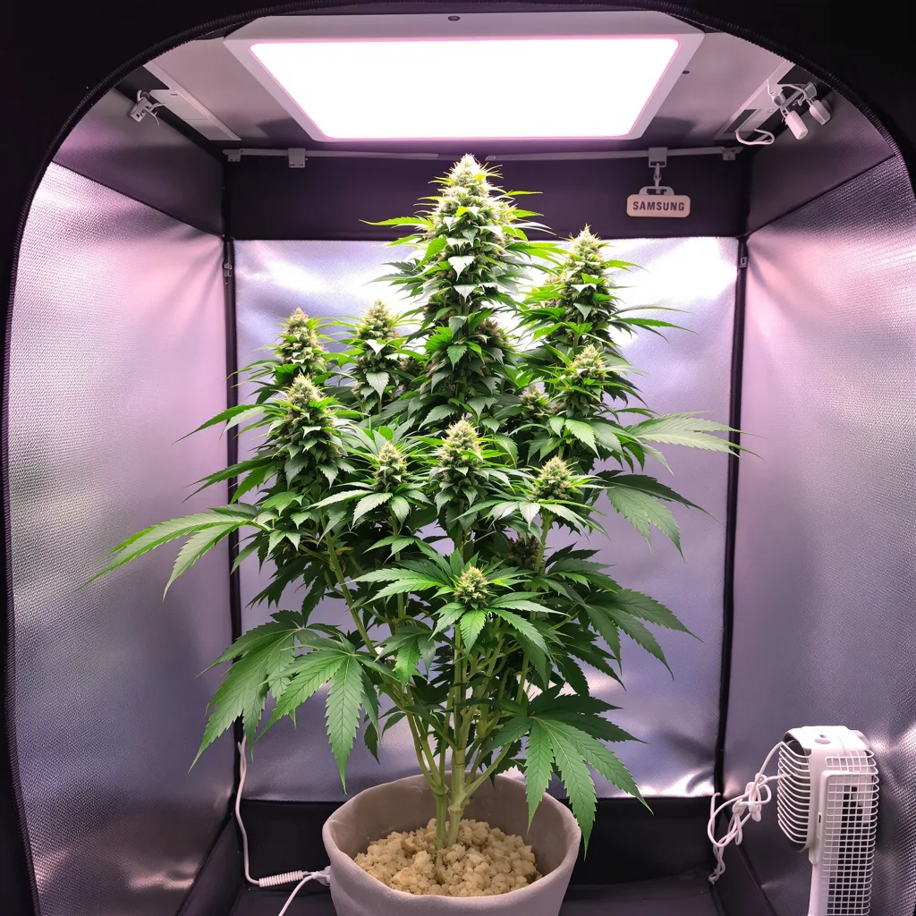 Jawa Pie 73% Indica / 27% Sativa — Blüte mit sichtbaren Trichomen