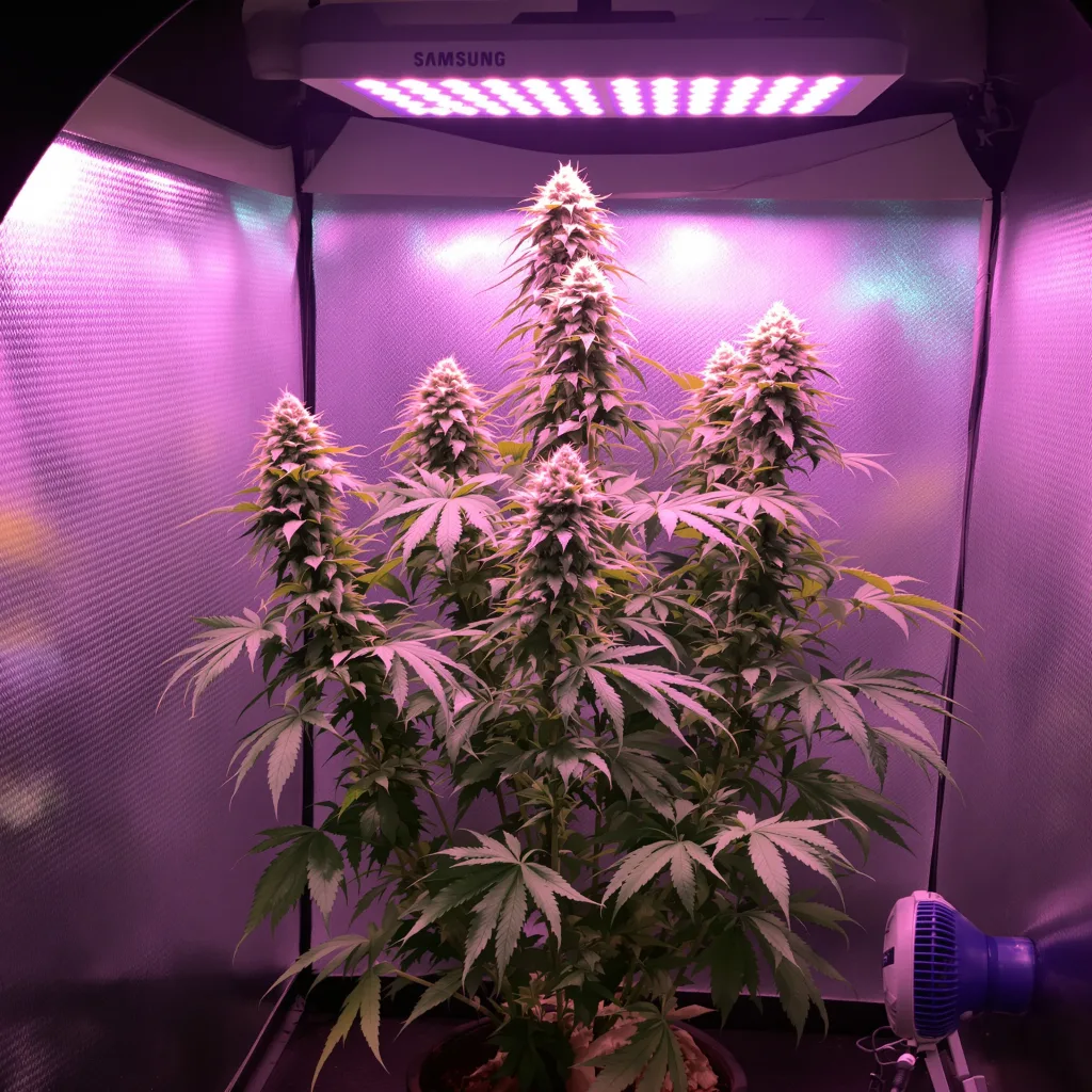 Jean Guy 40% Indica / 60% Sativa — Blüte mit sichtbaren Trichomen