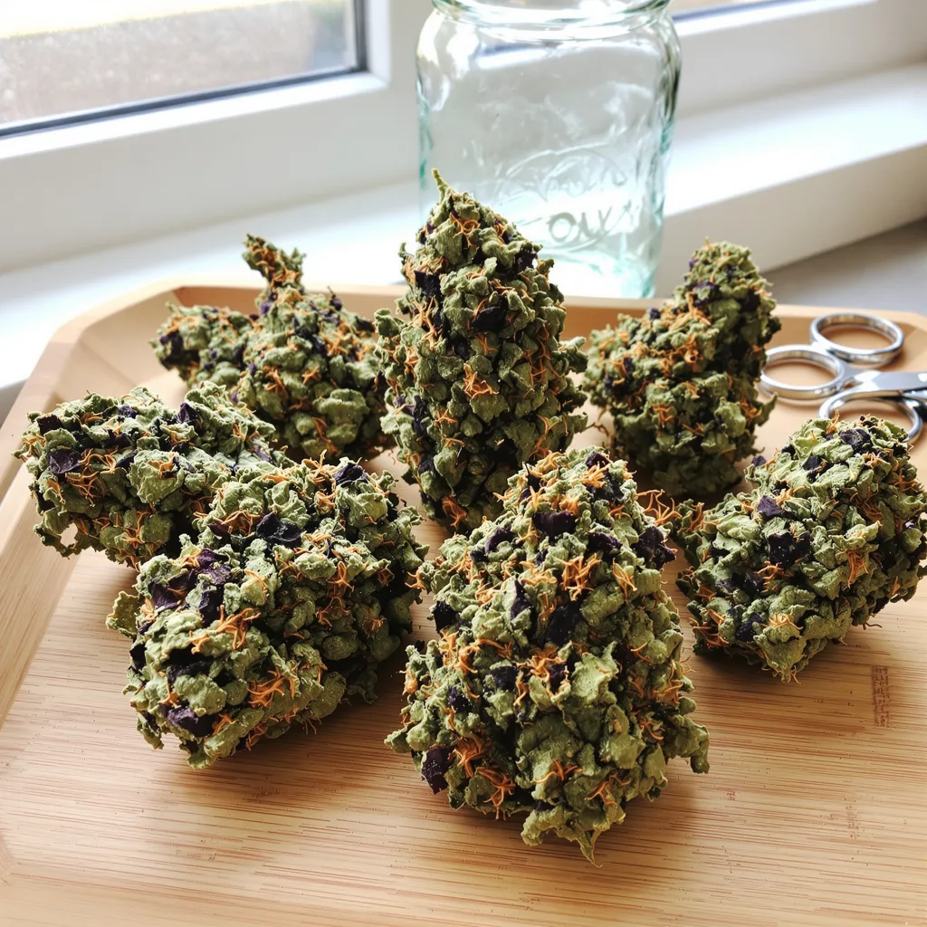 Jedi Cookies 72% Indica / 28% Sativa — Blüte mit sichtbaren Trichomen