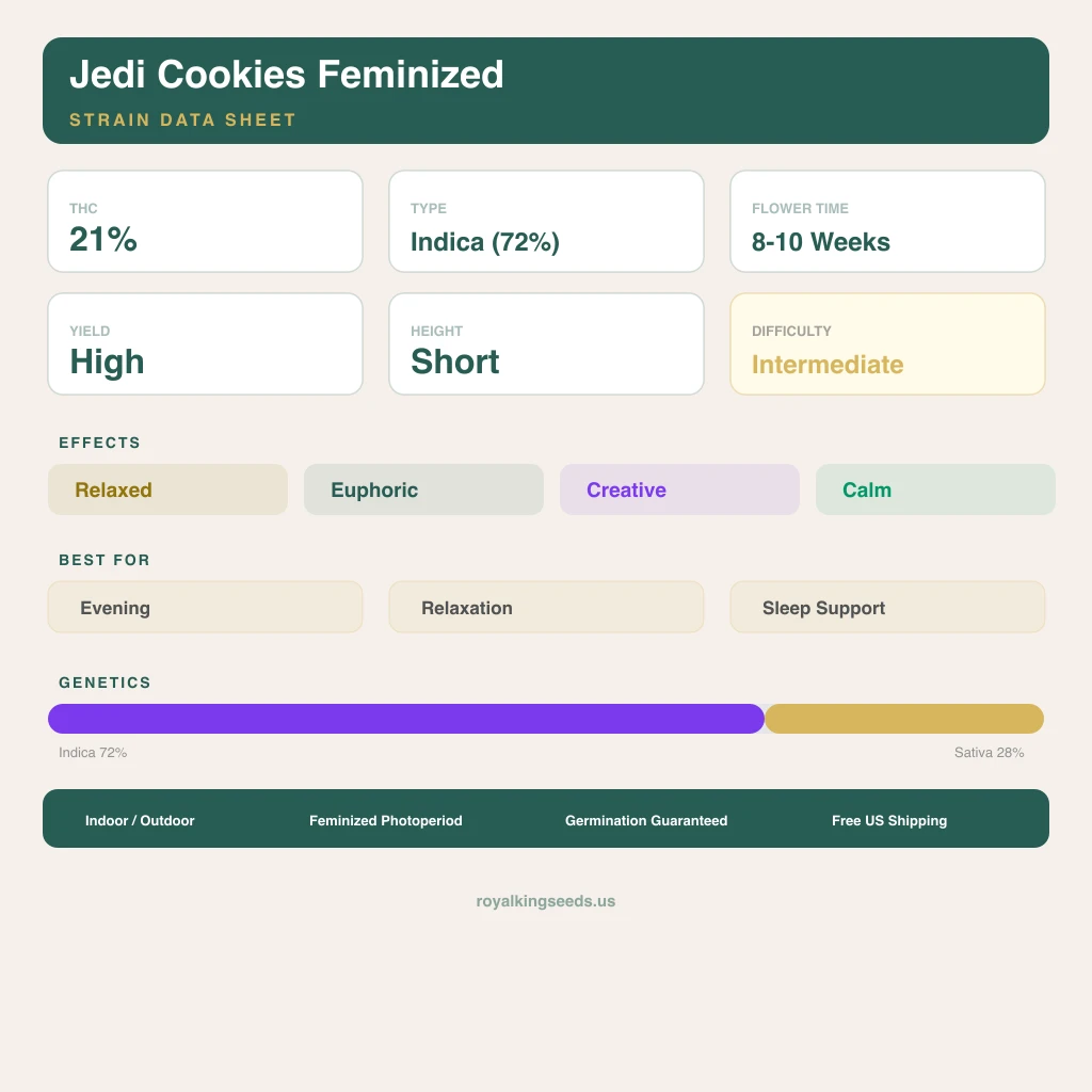 Jedi Cookies 72% Indica / 28% Sativa — Blüte mit sichtbaren Trichomen