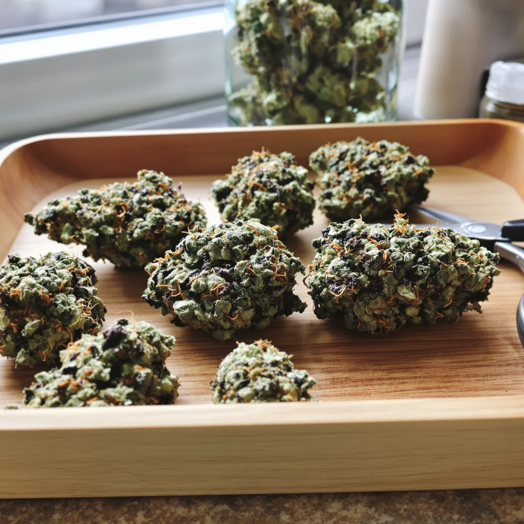 Jedi Kush 90% Indica / 50% Sativa — Blüte mit sichtbaren Trichomen