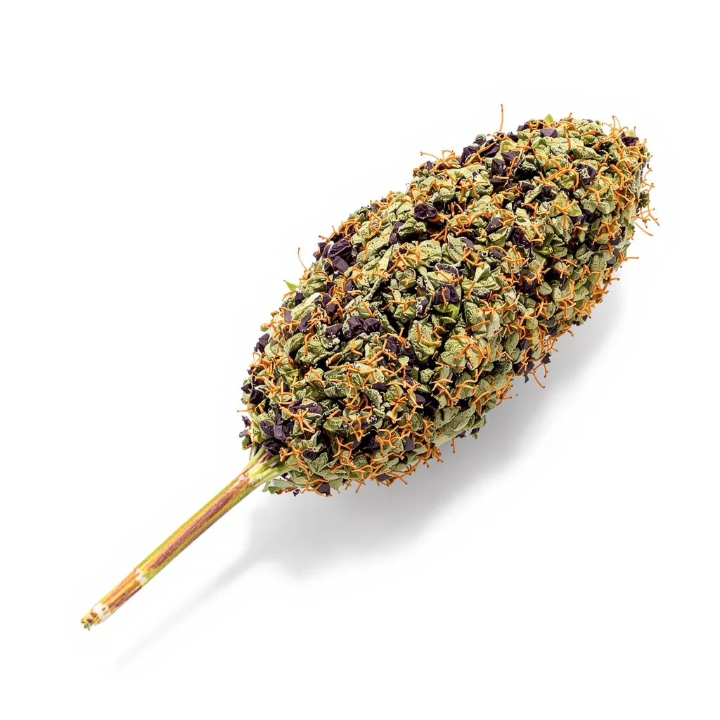 Jedi Kush 90% Indica / 50% Sativa — Blüte mit sichtbaren Trichomen