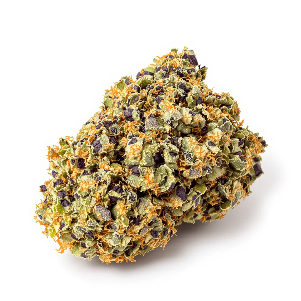 Jelly Roll 72% Indica / 28% Sativa — Blüte mit sichtbaren Trichomen