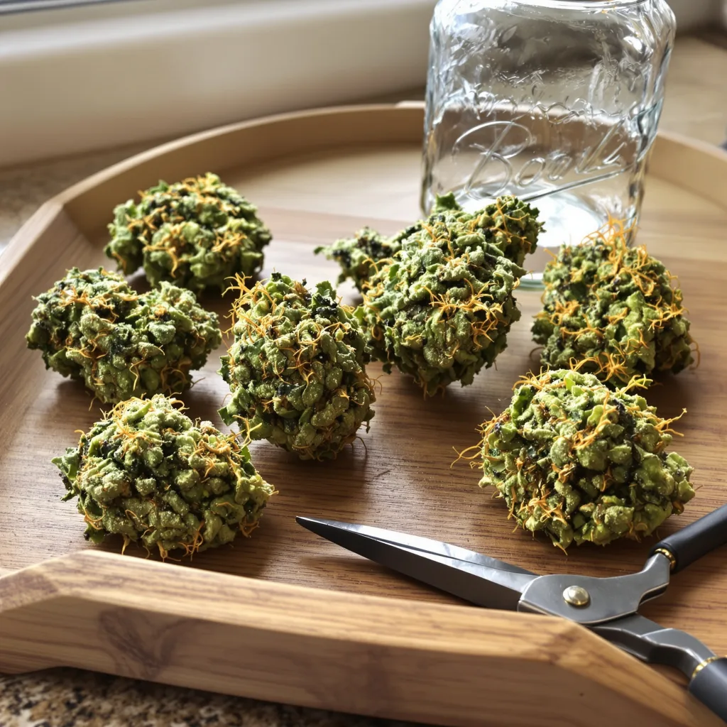 Jesus OG 30% Indica / 70% Sativa — Blüte mit sichtbaren Trichomen