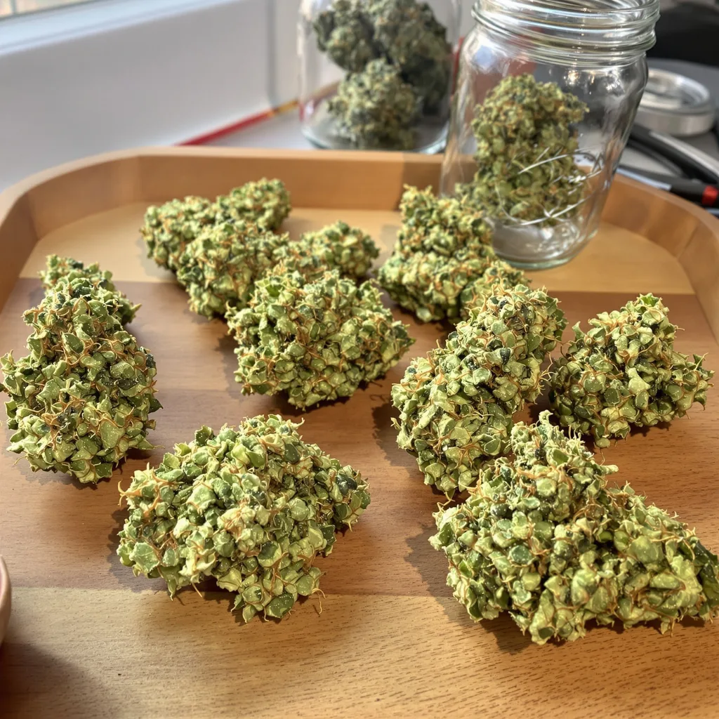 Jet Fuel 30% Indica / 70% Sativa — Blüte mit sichtbaren Trichomen