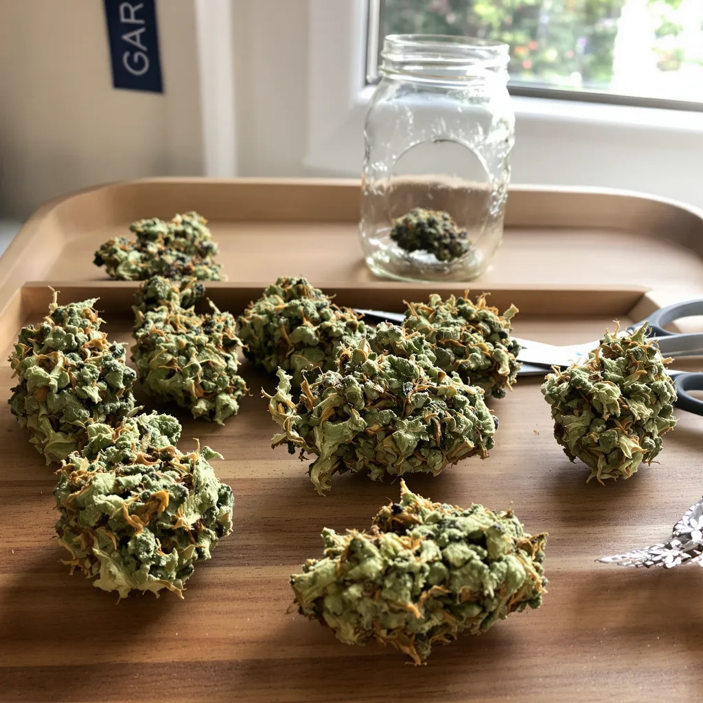 Jillybean 40% Indica / 60% Sativa — Blüte mit sichtbaren Trichomen