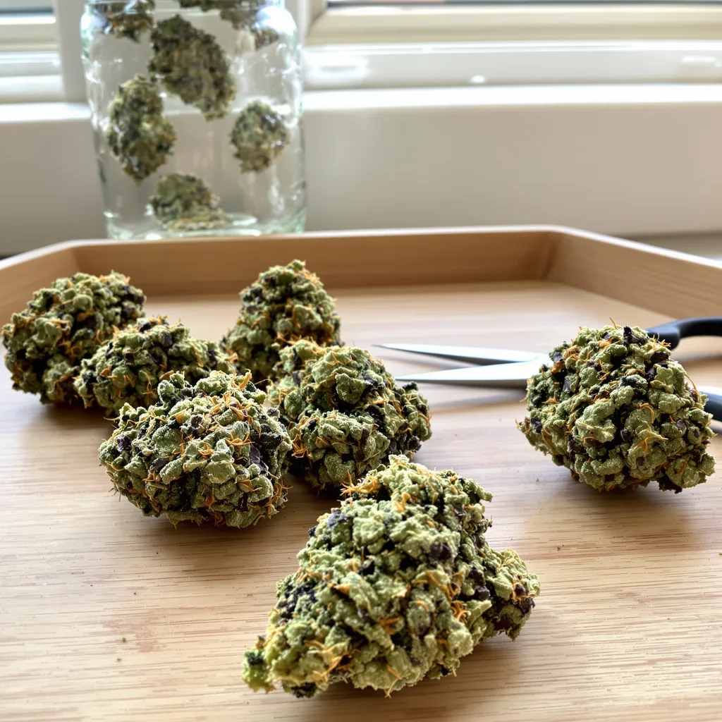 Juicy Fruit 40% Indica / 60% Sativa — Blüte mit sichtbaren Trichomen