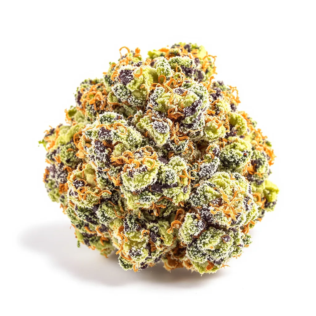 Juicy Fruit 40% Indica / 60% Sativa — Blüte mit sichtbaren Trichomen