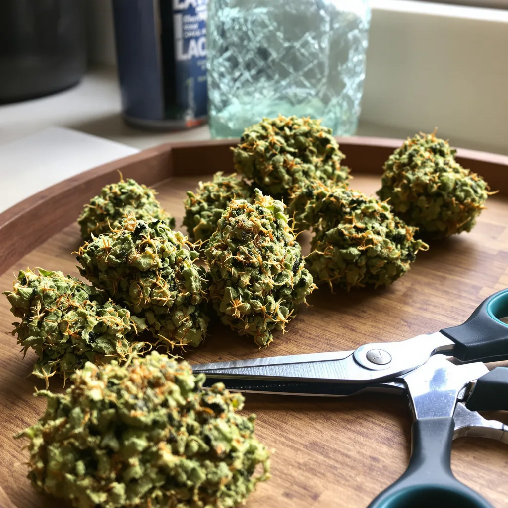 Jungle Juice 7% Indica / 93% Sativa — Blüte mit sichtbaren Trichomen
