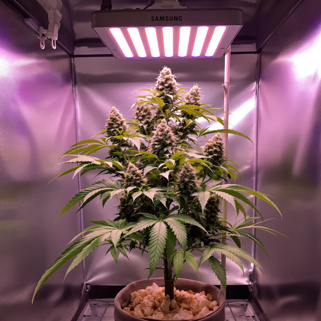 Jupiter OG 75% Indica / 25% Sativa — Blüte mit sichtbaren Trichomen