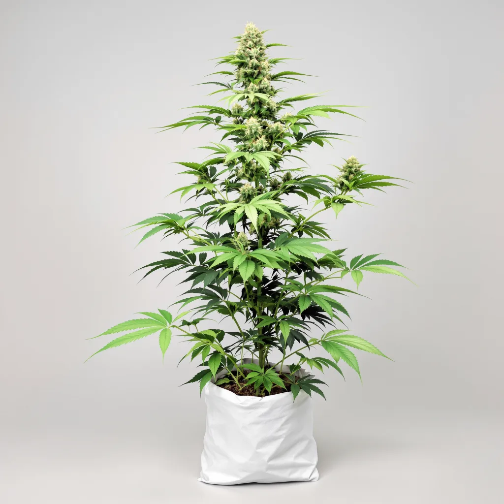 Kandy Kush Cannabisblüte Nahaufnahme mit ausgewogene Blütenstruktur mit eisigen Trichomen