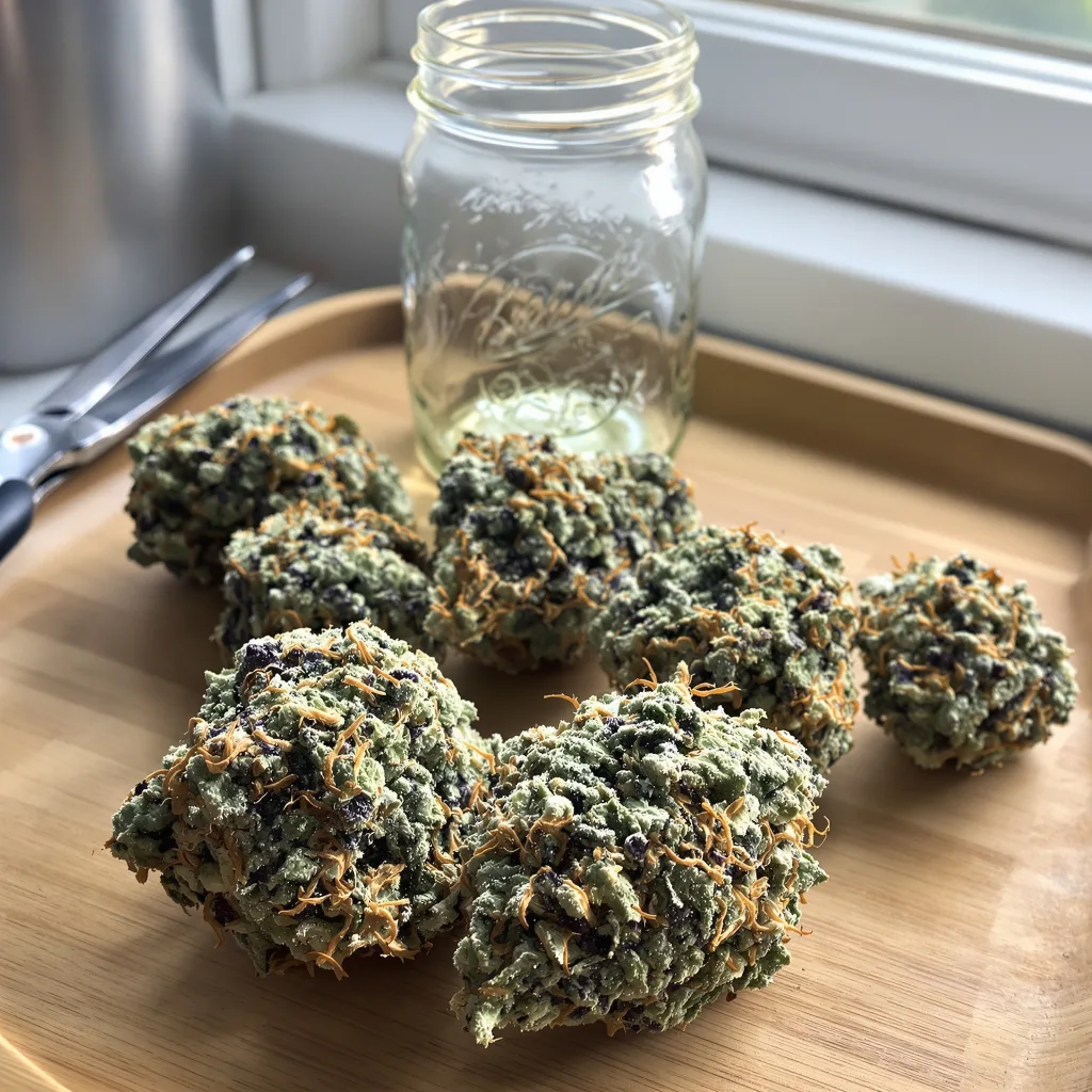 Kandy Kush 50% Indica / 50% Sativa — Blüte mit sichtbaren Trichomen