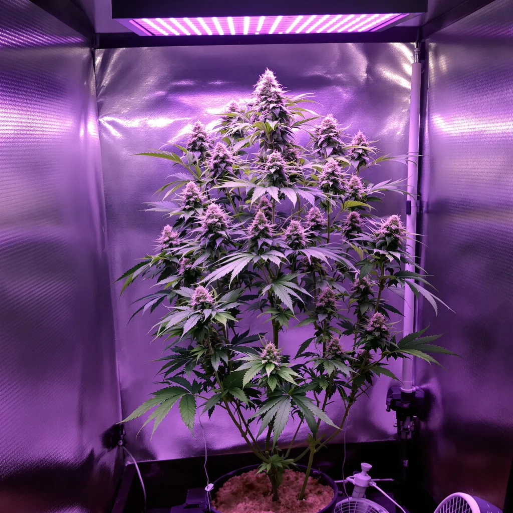 Kandy Kush 50% Indica / 50% Sativa — Blüte mit sichtbaren Trichomen