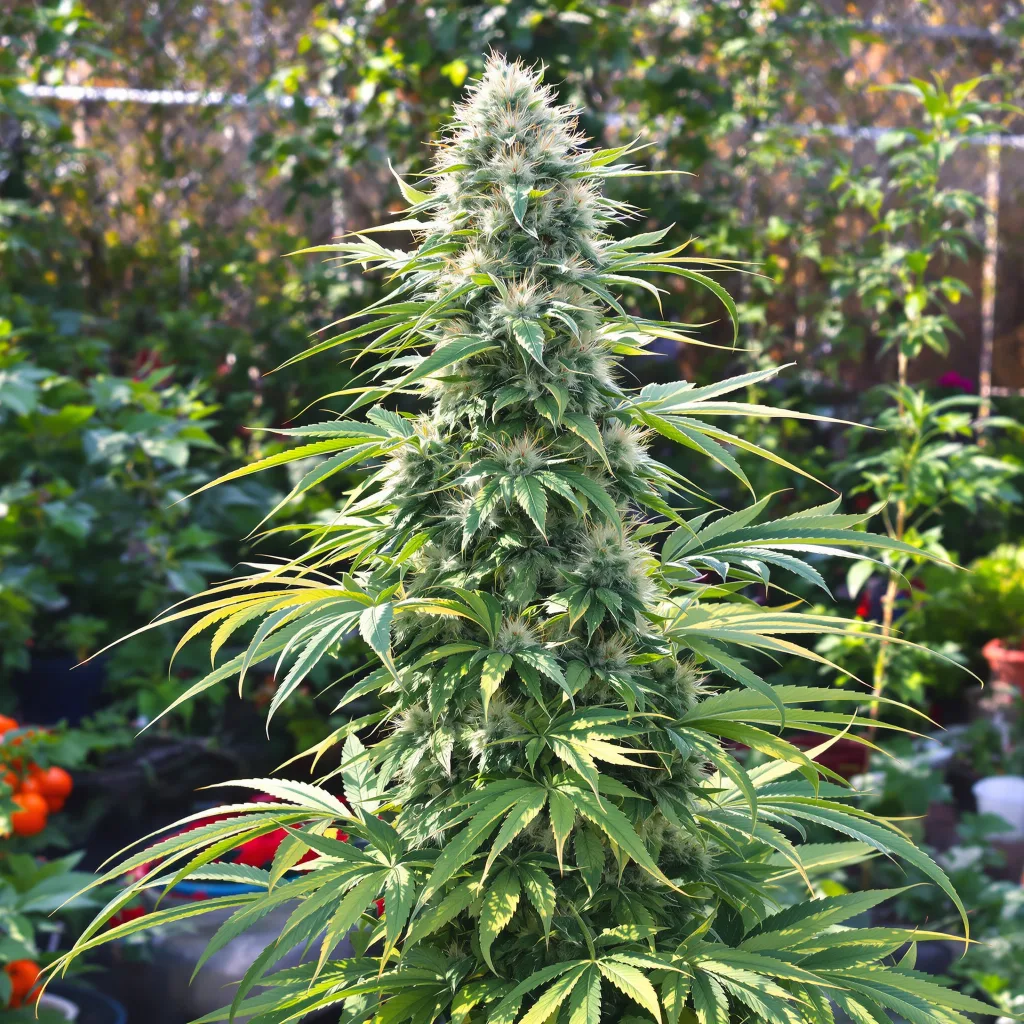 Kandy Kush 50% Indica / 50% Sativa — Blüte mit sichtbaren Trichomen