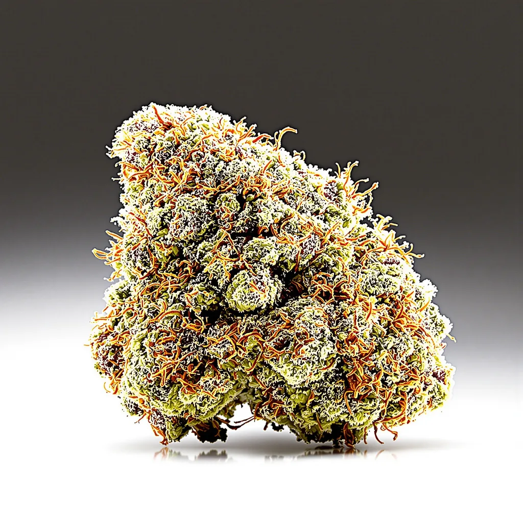 Kandy Kush 50% Indica / 50% Sativa — Blüte mit sichtbaren Trichomen