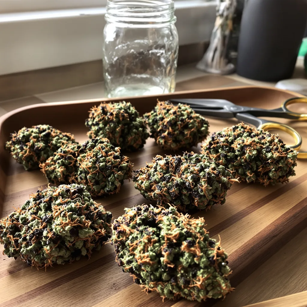 Khalifa Kush 75% Indica / 25% Sativa — Blüte mit sichtbaren Trichomen