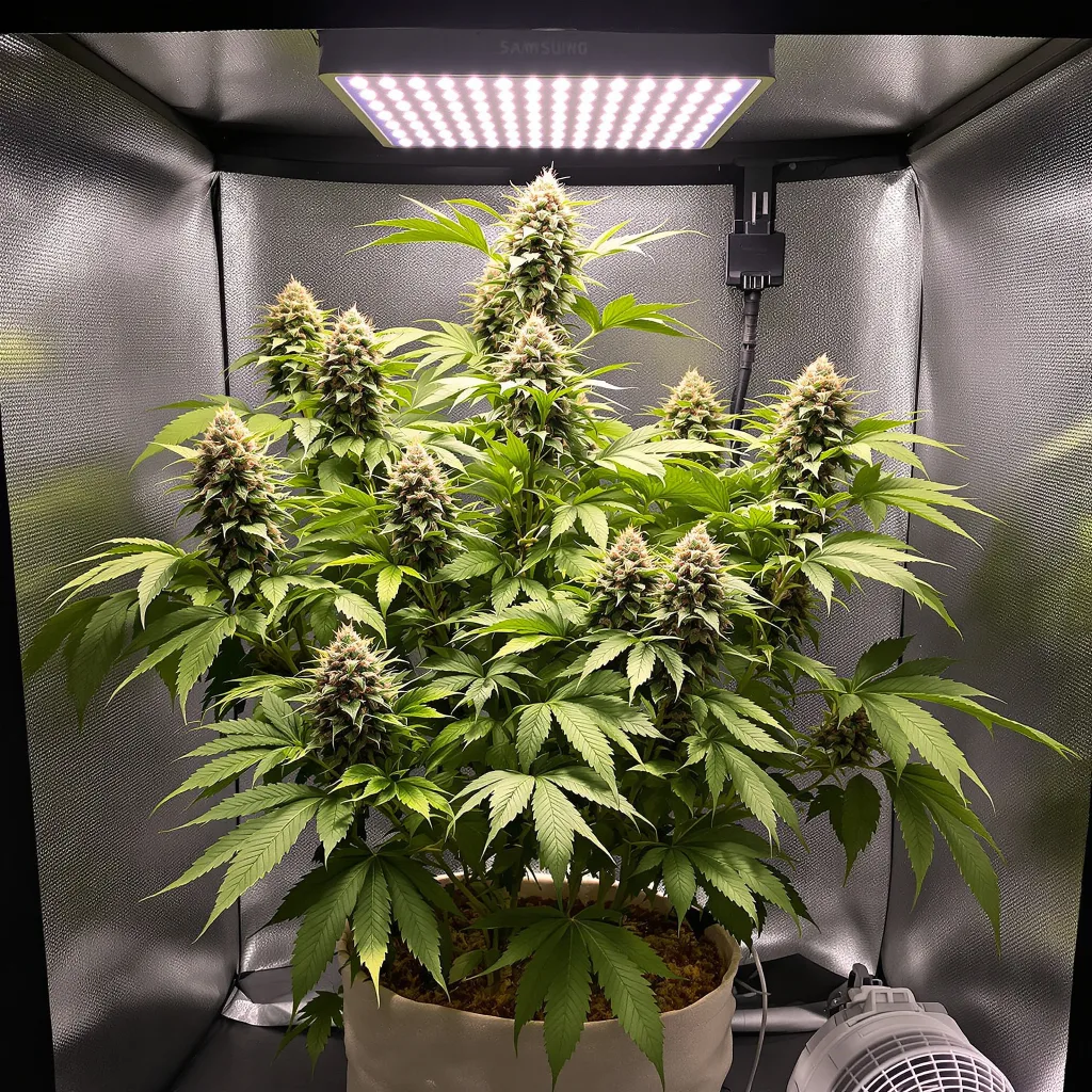Khalifa Kush 75% Indica / 25% Sativa — Blüte mit sichtbaren Trichomen