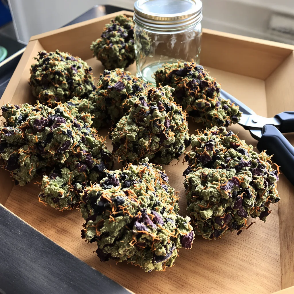 Kid N’ Kookies 68% Indica / 32% Sativa — Blüte mit sichtbaren Trichomen