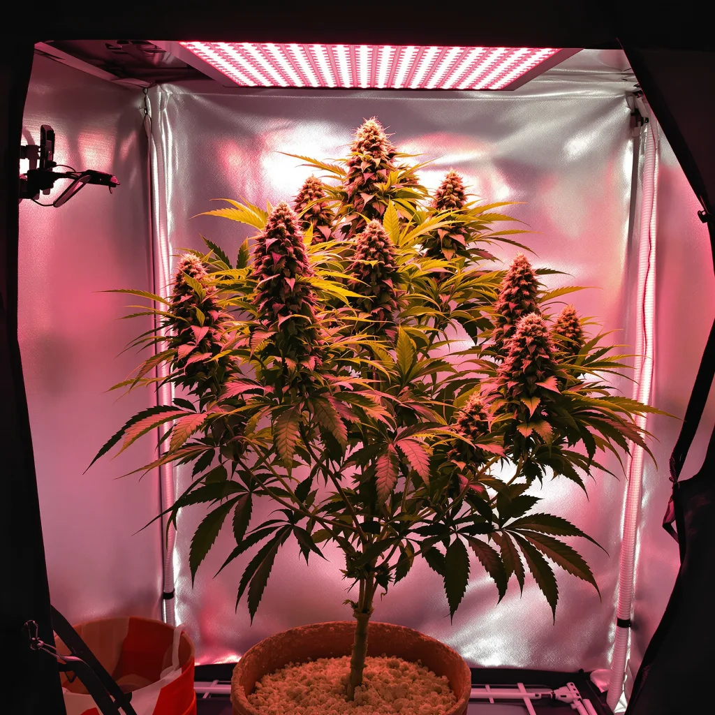 Kid N’ Kookies 68% Indica / 32% Sativa — Blüte mit sichtbaren Trichomen
