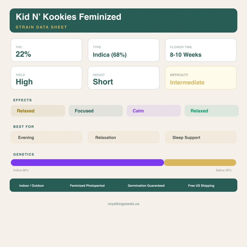 Kid N’ Kookies 68% Indica / 32% Sativa — Blüte mit sichtbaren Trichomen