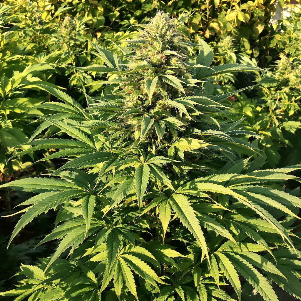 Kid N’ Kookies 68% Indica / 32% Sativa — Blüte mit sichtbaren Trichomen