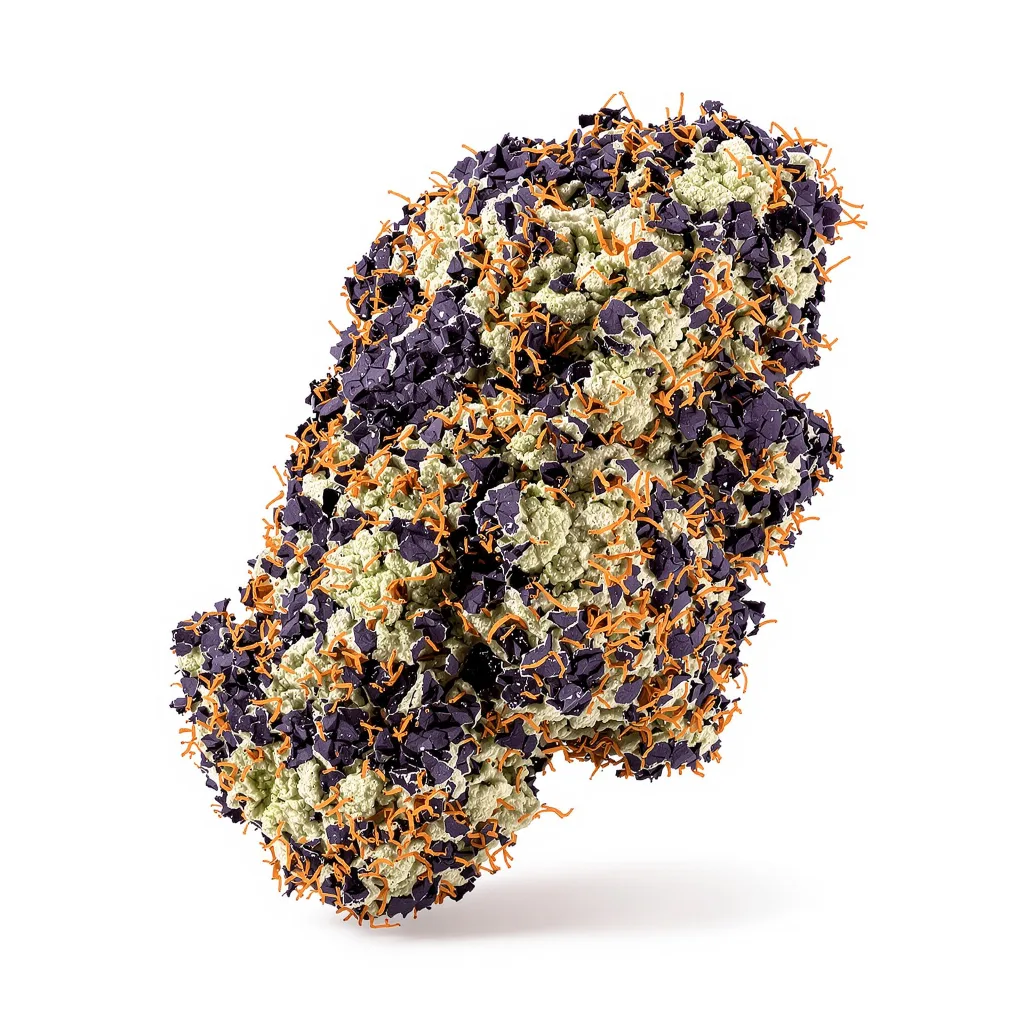 Kid N’ Kookies 68% Indica / 32% Sativa — Blüte mit sichtbaren Trichomen