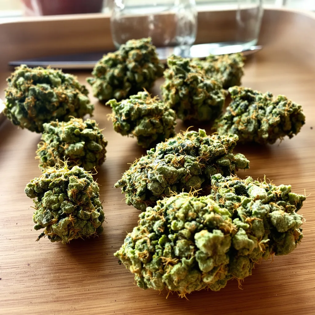 Kilimanjaro 30% Indica / 70% Sativa — Blüte mit sichtbaren Trichomen
