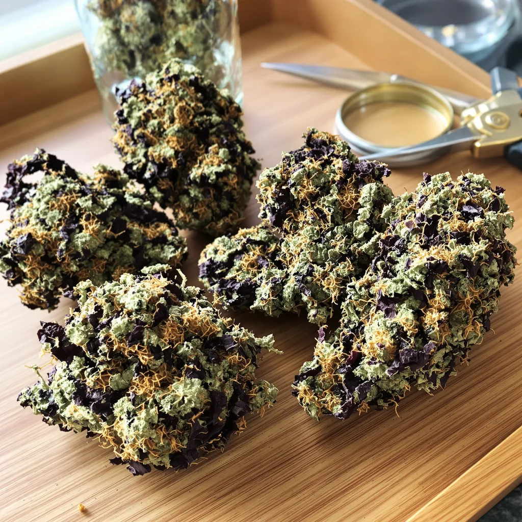 Killer 84% Indica / 16% Sativa — Blüte mit sichtbaren Trichomen